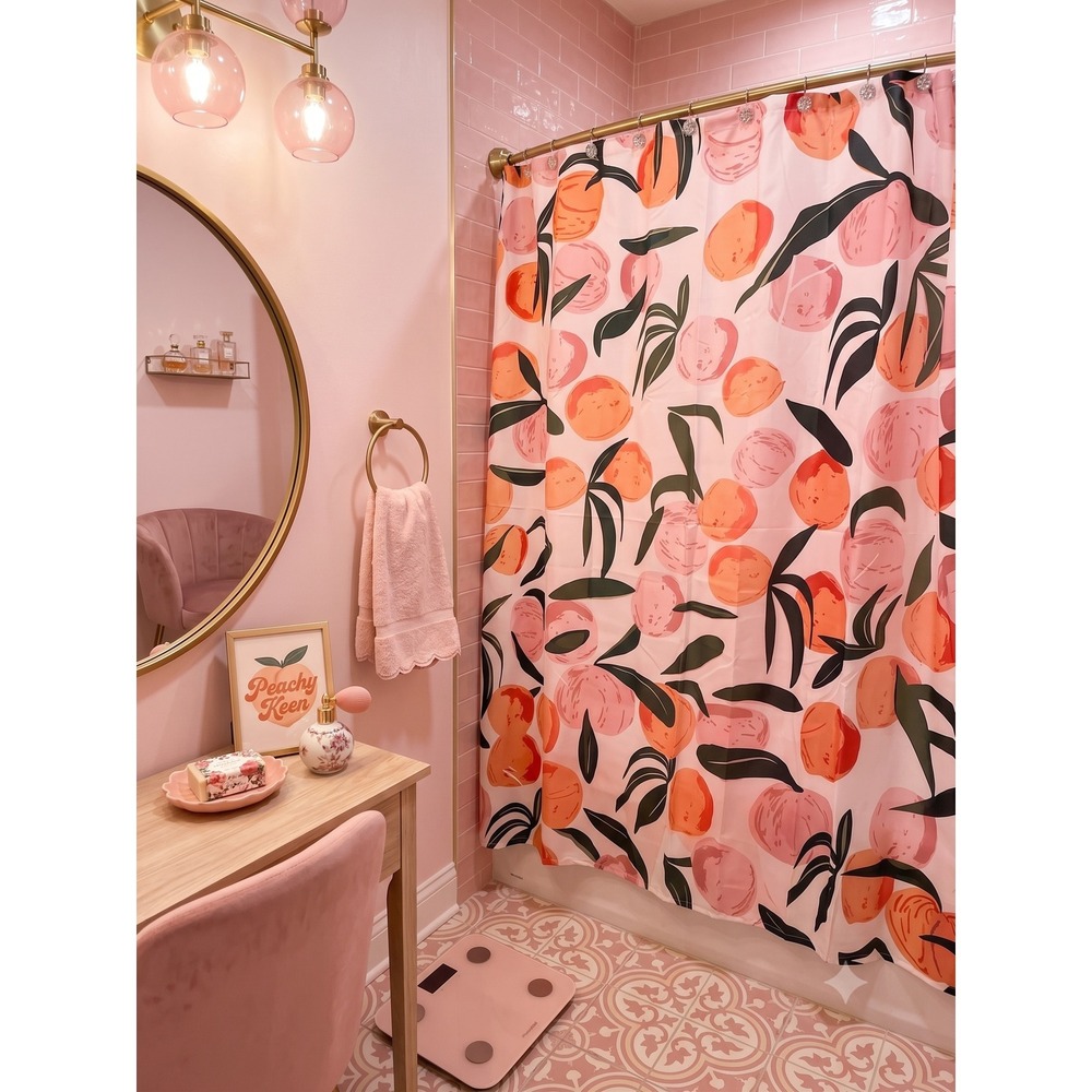 Peach Pink Orange Botanical Fruit Print Shower Curtain Adorable Glam Bathroom